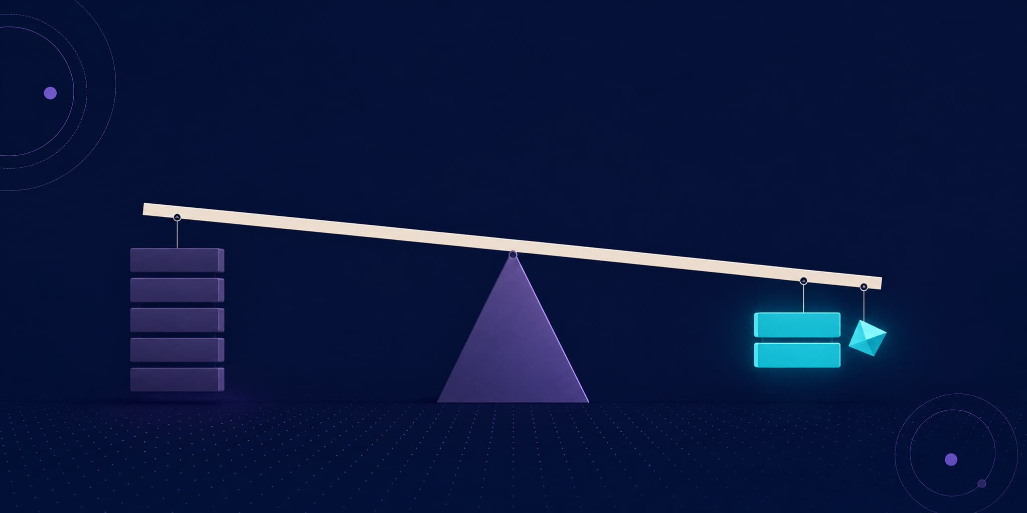 Abstract illustration of a balance beam weighing a heavy stack of end-to-end tests against a lighter visual testing setup