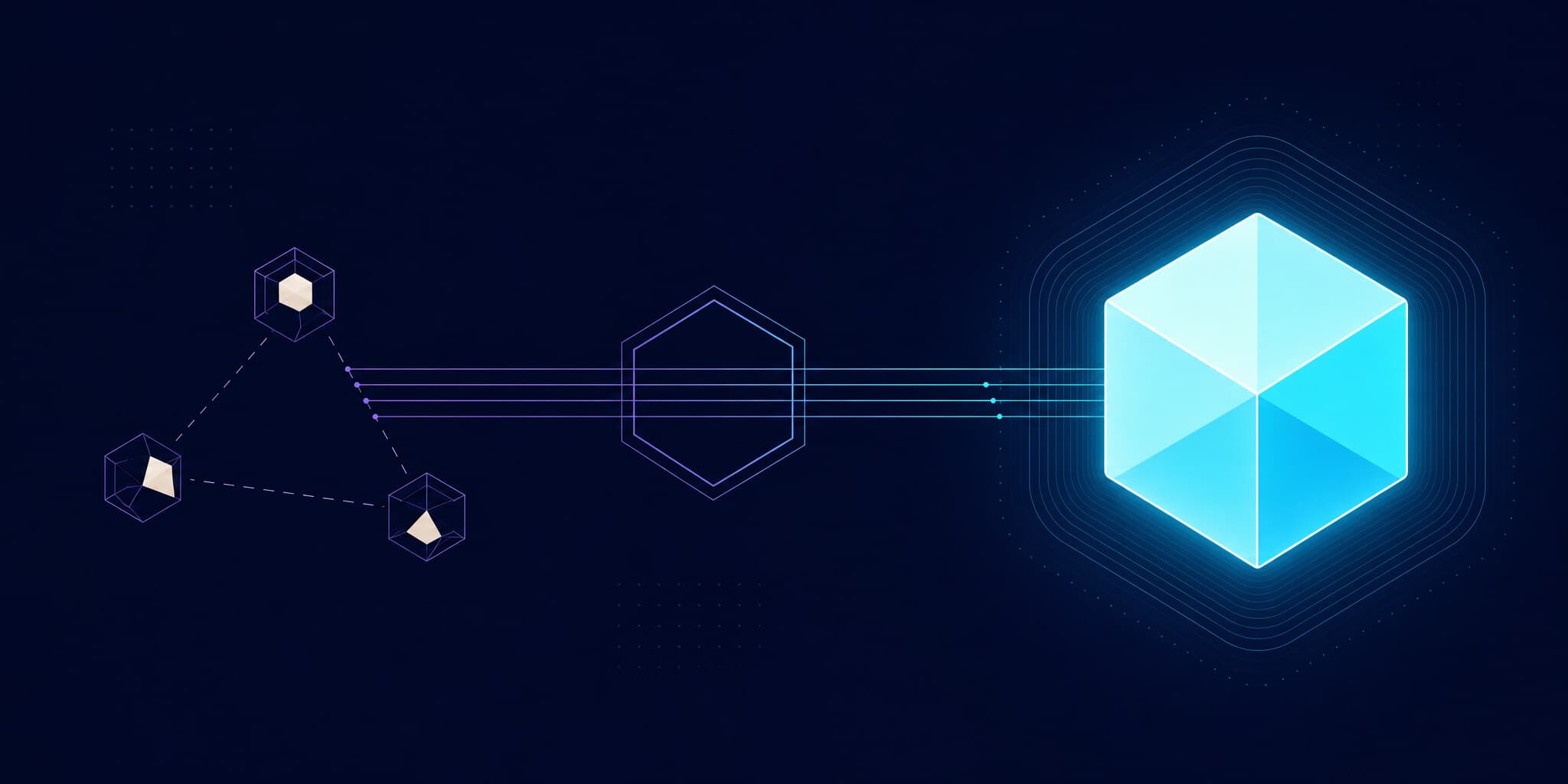 Abstract illustration of loose prototype modules converging into one machined block, representing an AI-generated design hardened into production Rust