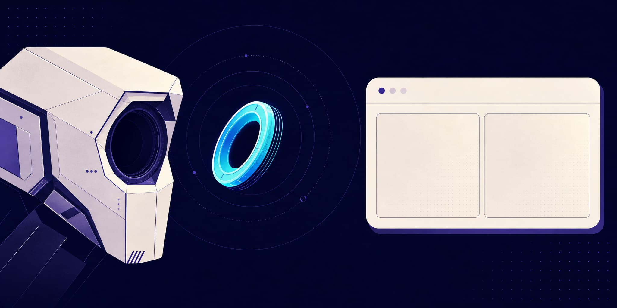 Abstract illustration of a lens being fitted into a blind AI agent's empty socket beside a visual comparison