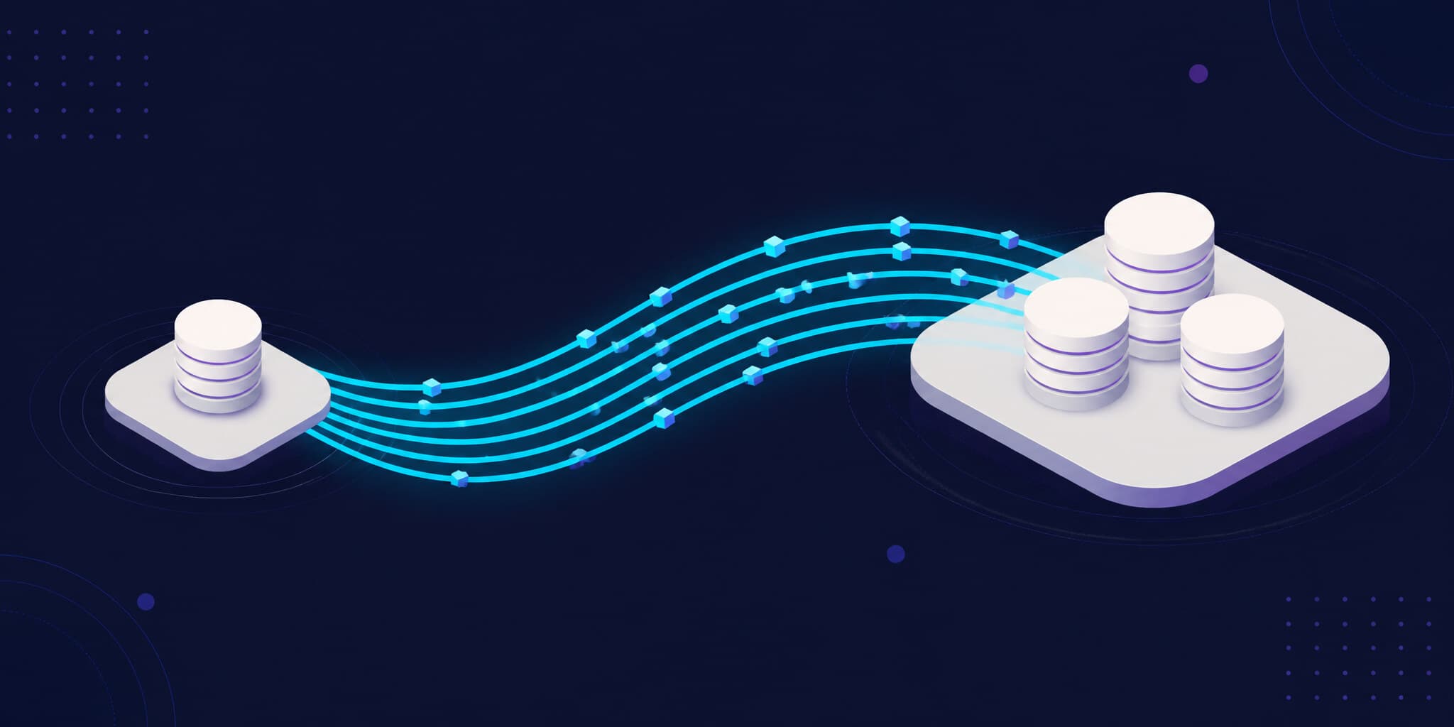 Abstract illustration of data flowing from a small platform holding one database to a larger platform holding three