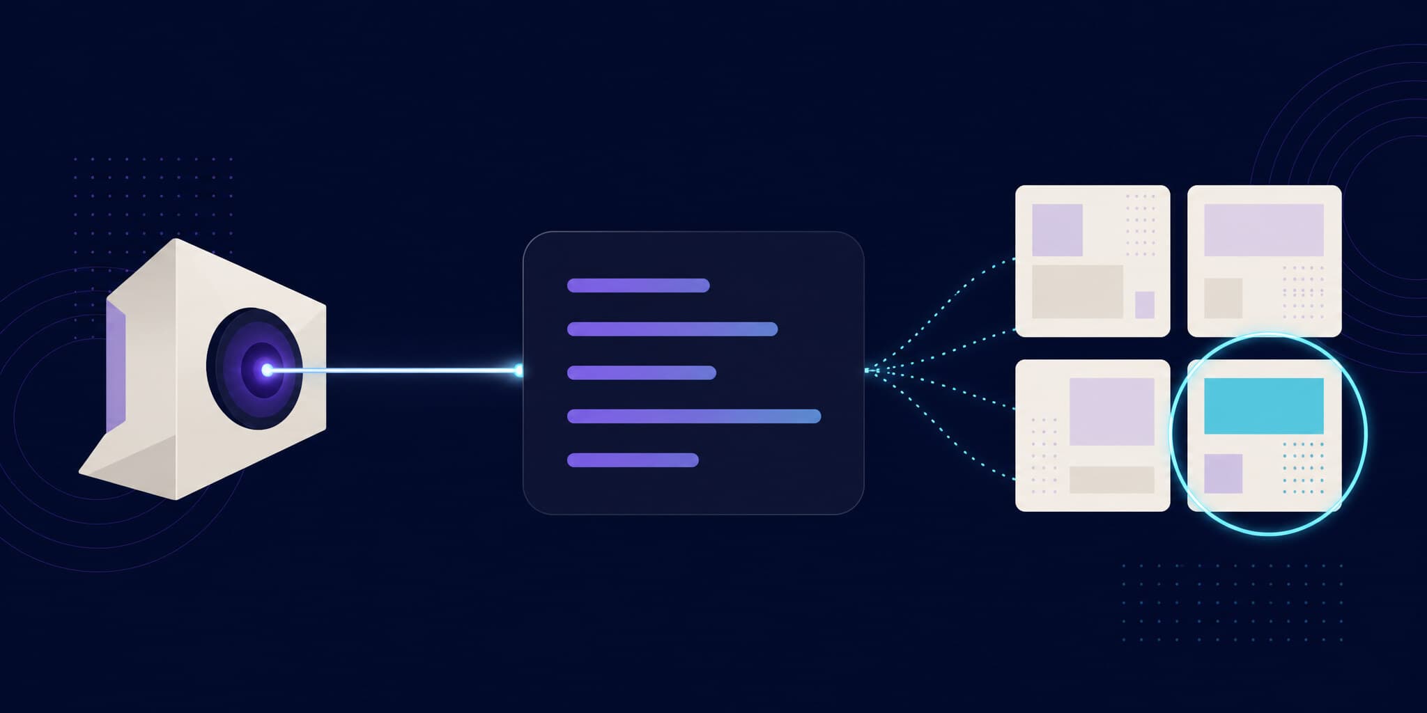 Abstract illustration of an AI agent reading CLI output and flagging one screenshot in a build