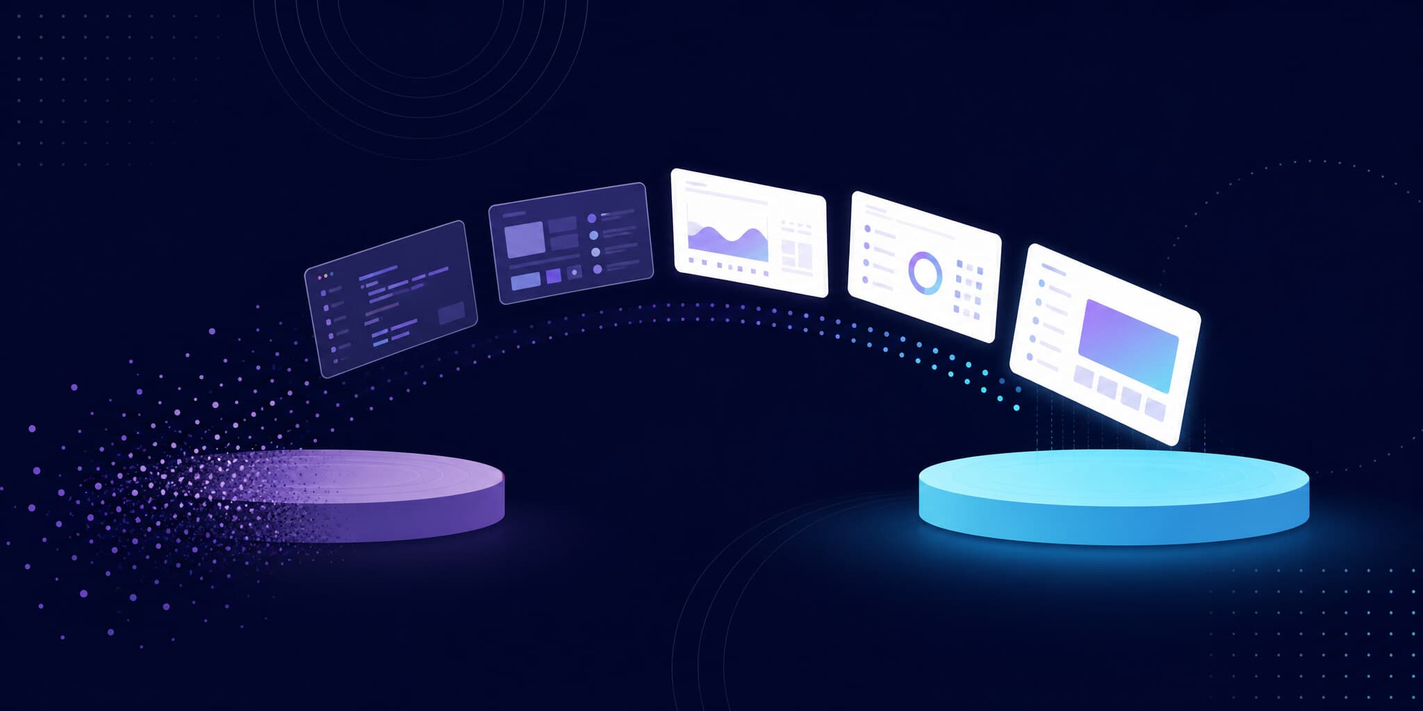 Abstract illustration of screenshots migrating in an arc from a dissolving platform to a solid one