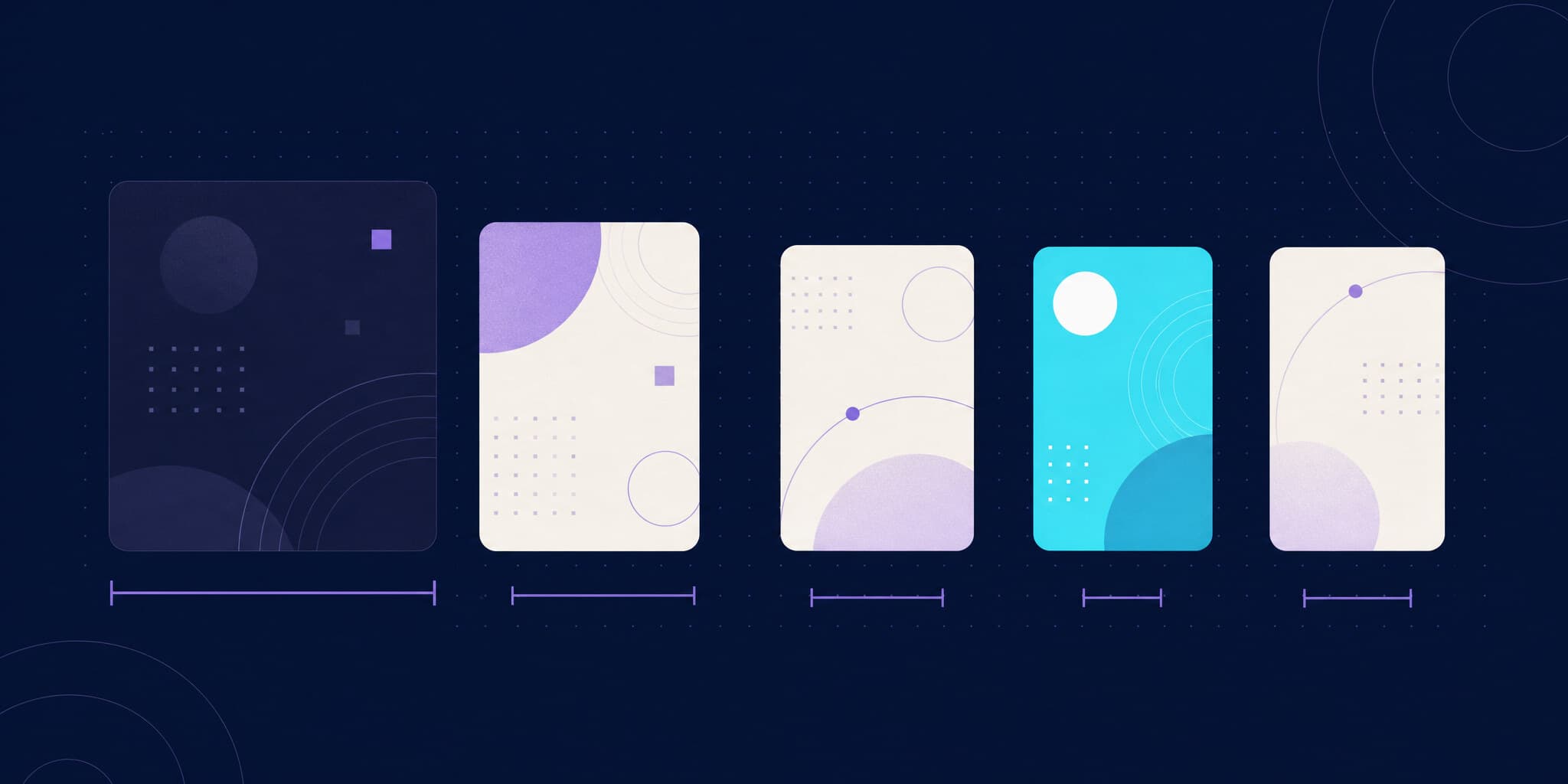 Abstract illustration of five tool cards with measurement brackets beneath them, the longest bracket under the dimmed leftmost card