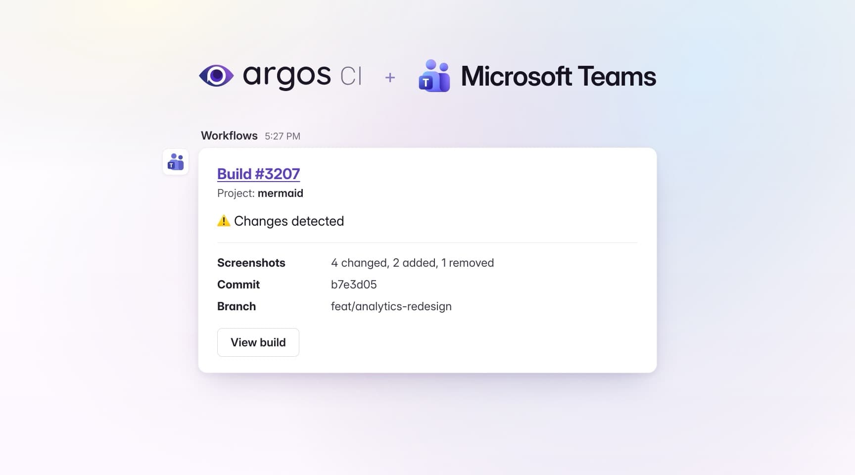 An Argos build notification posted in a Microsoft Teams channel