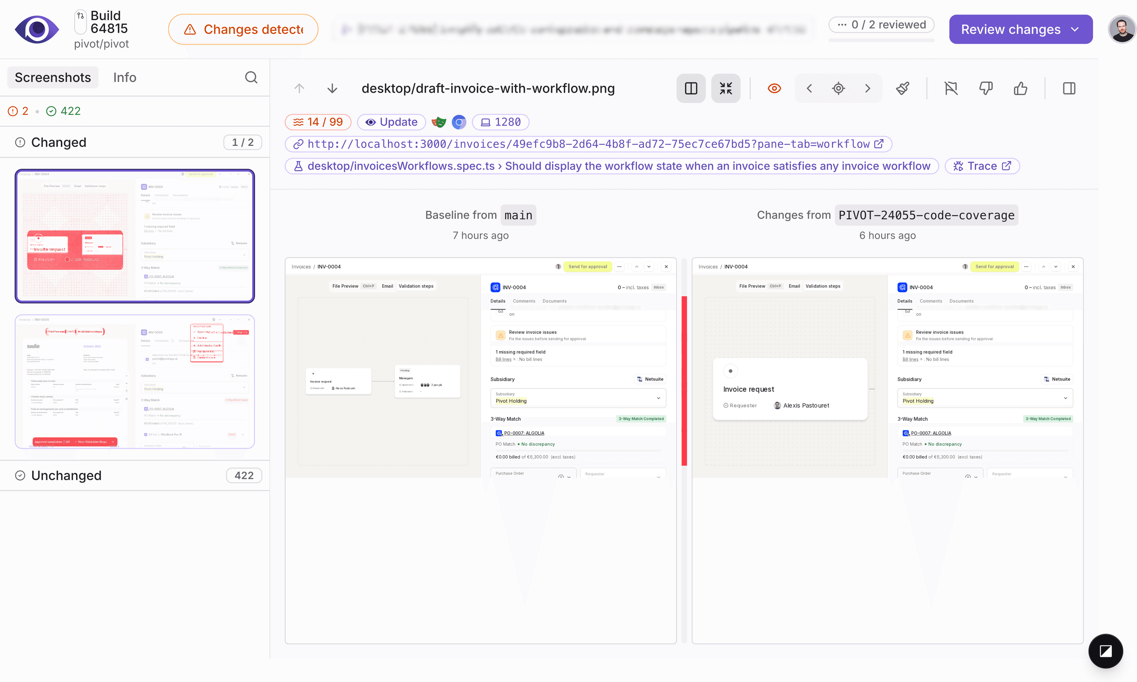 Pivot product UI with visual diffs overlay