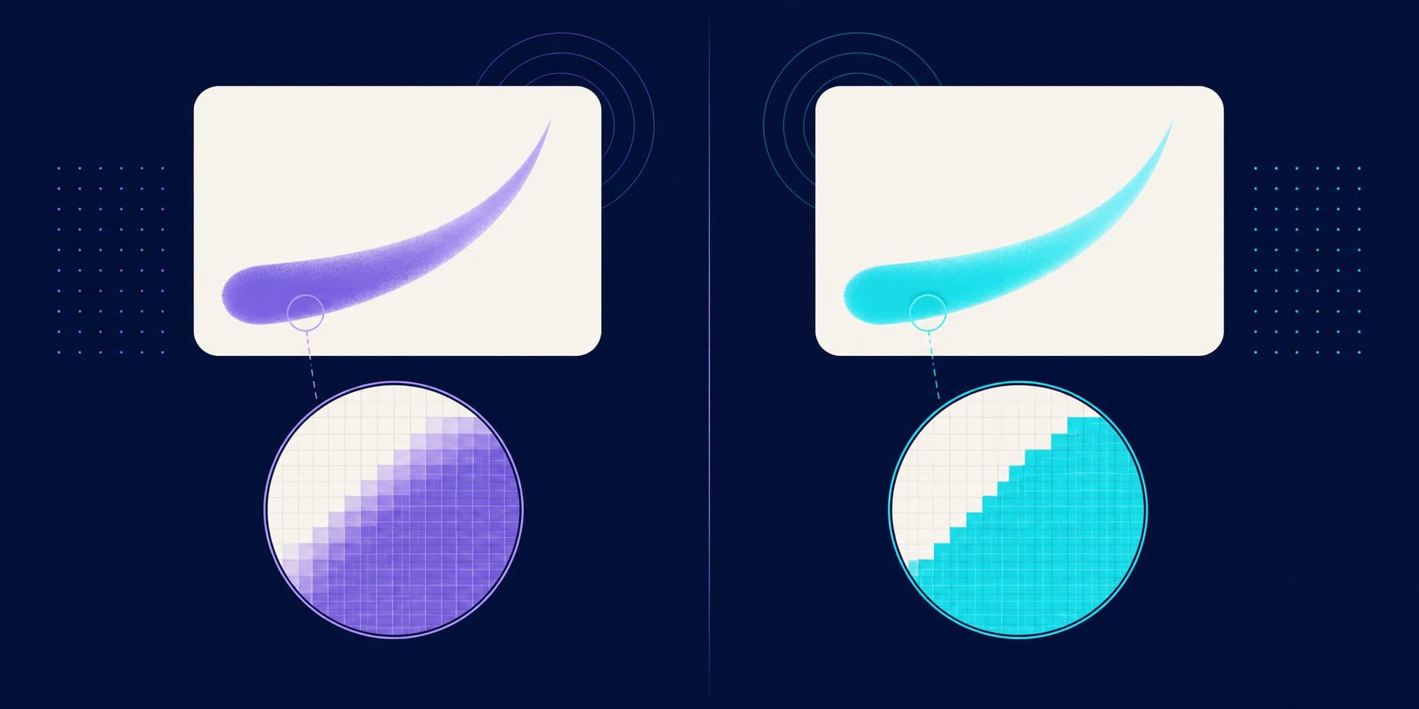Abstract illustration of the same letterform rendered on two machines, its edges magnified to show different pixel grids