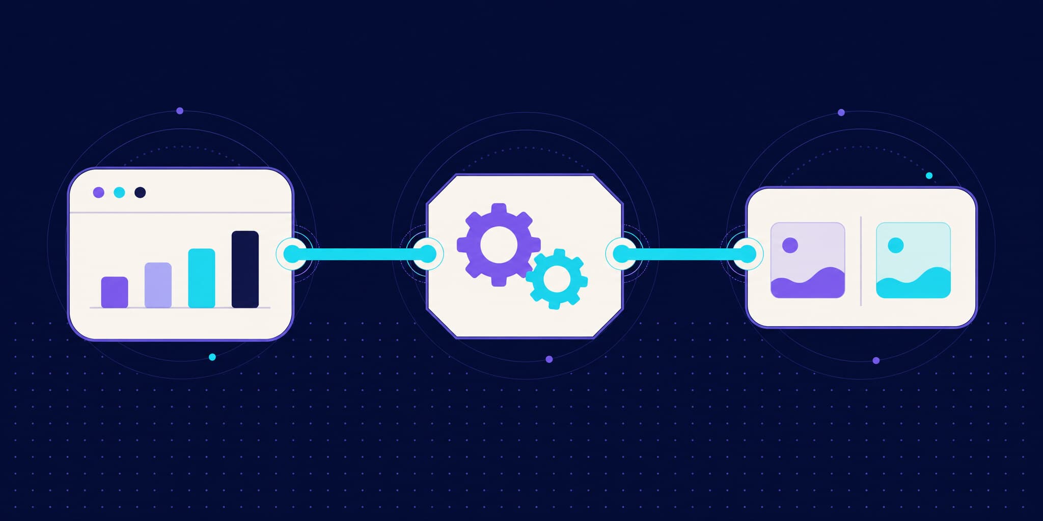 Abstract illustration of a browser, a CI module, and a comparison frame linked in one automated chain