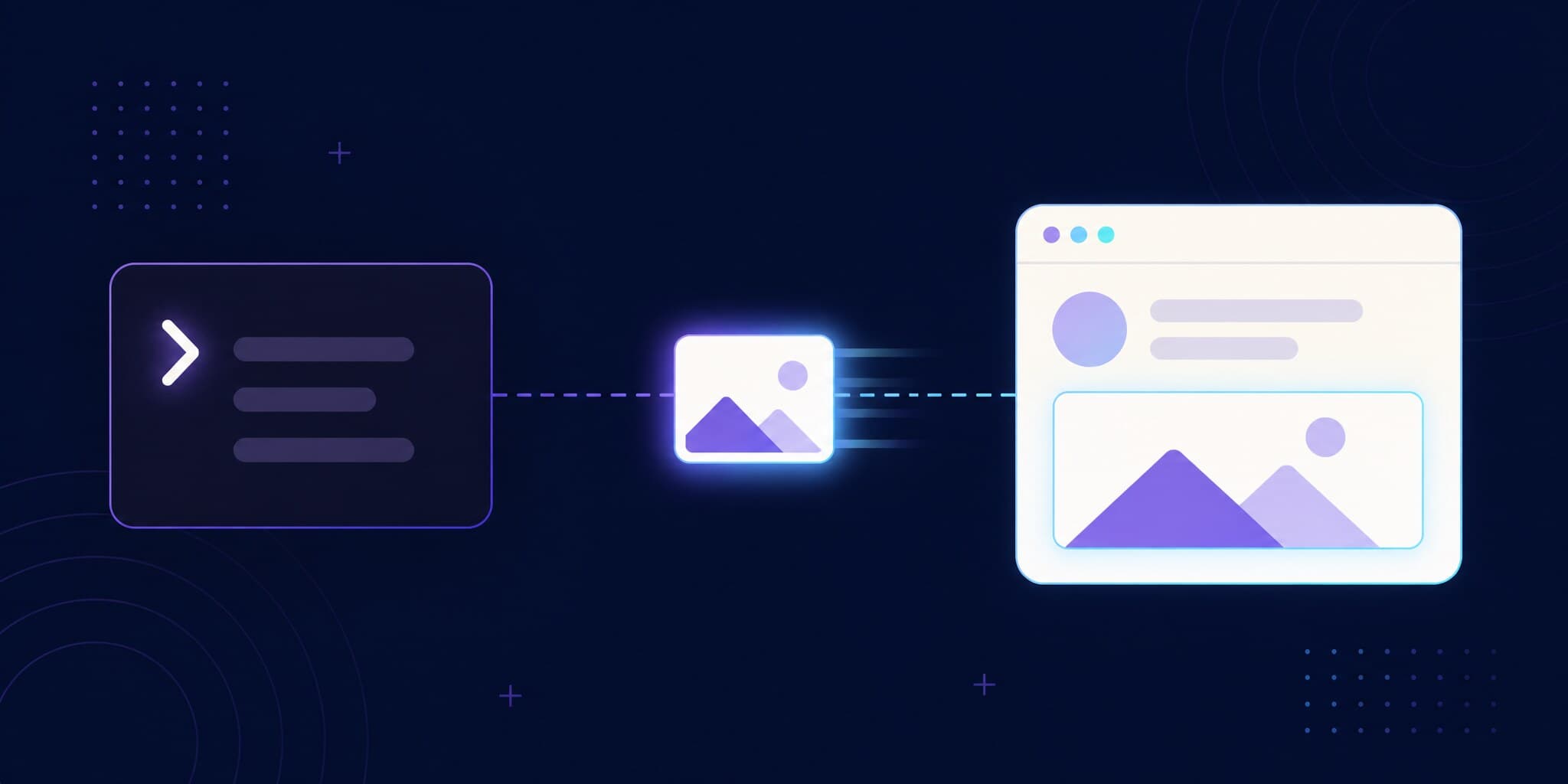 Abstract illustration of a screenshot travelling from a terminal through a share link into a pull request comment