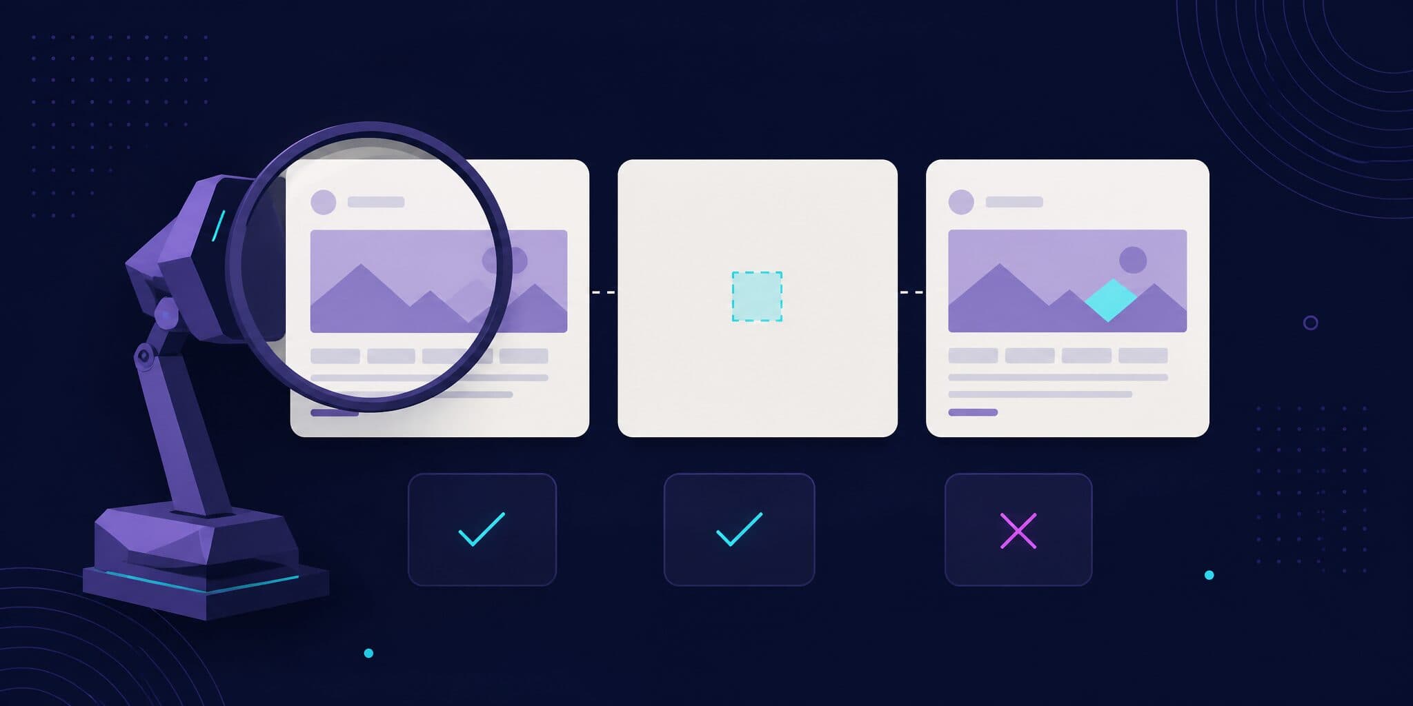 Abstract illustration of an angular agent module examining a pair of screenshot tiles through a lens beside a highlighted diff mask