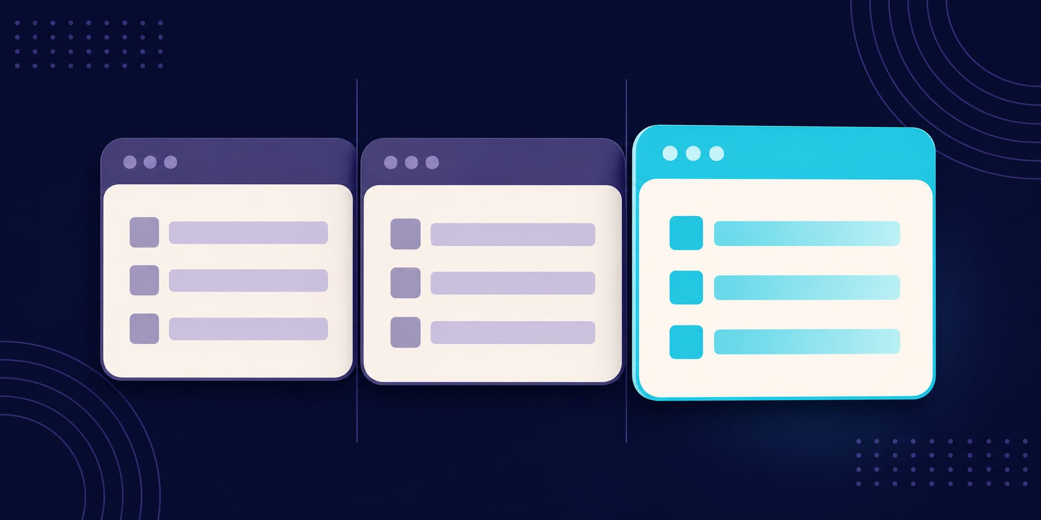 Abstract illustration of three browser windows side by side with the rightmost one highlighted