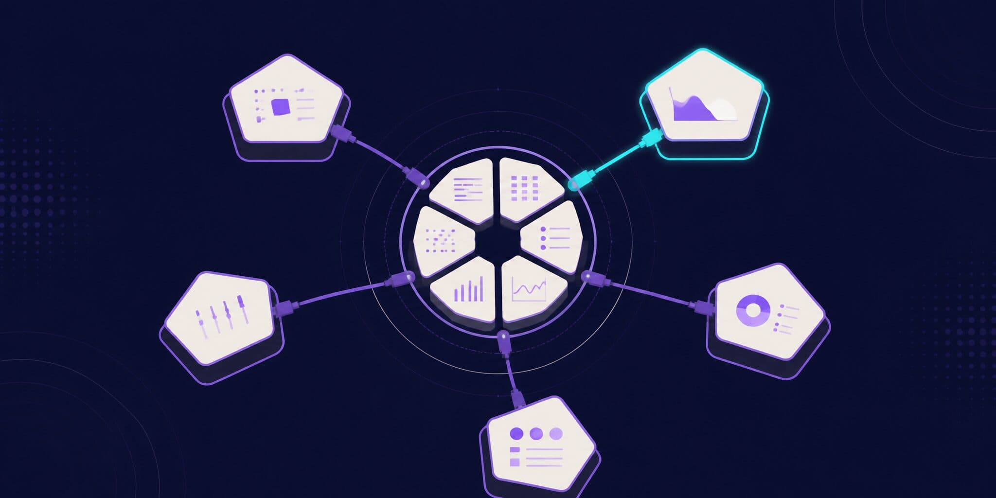 Abstract illustration of several agent modules plugged into a central hub of screenshot tiles through glowing connectors