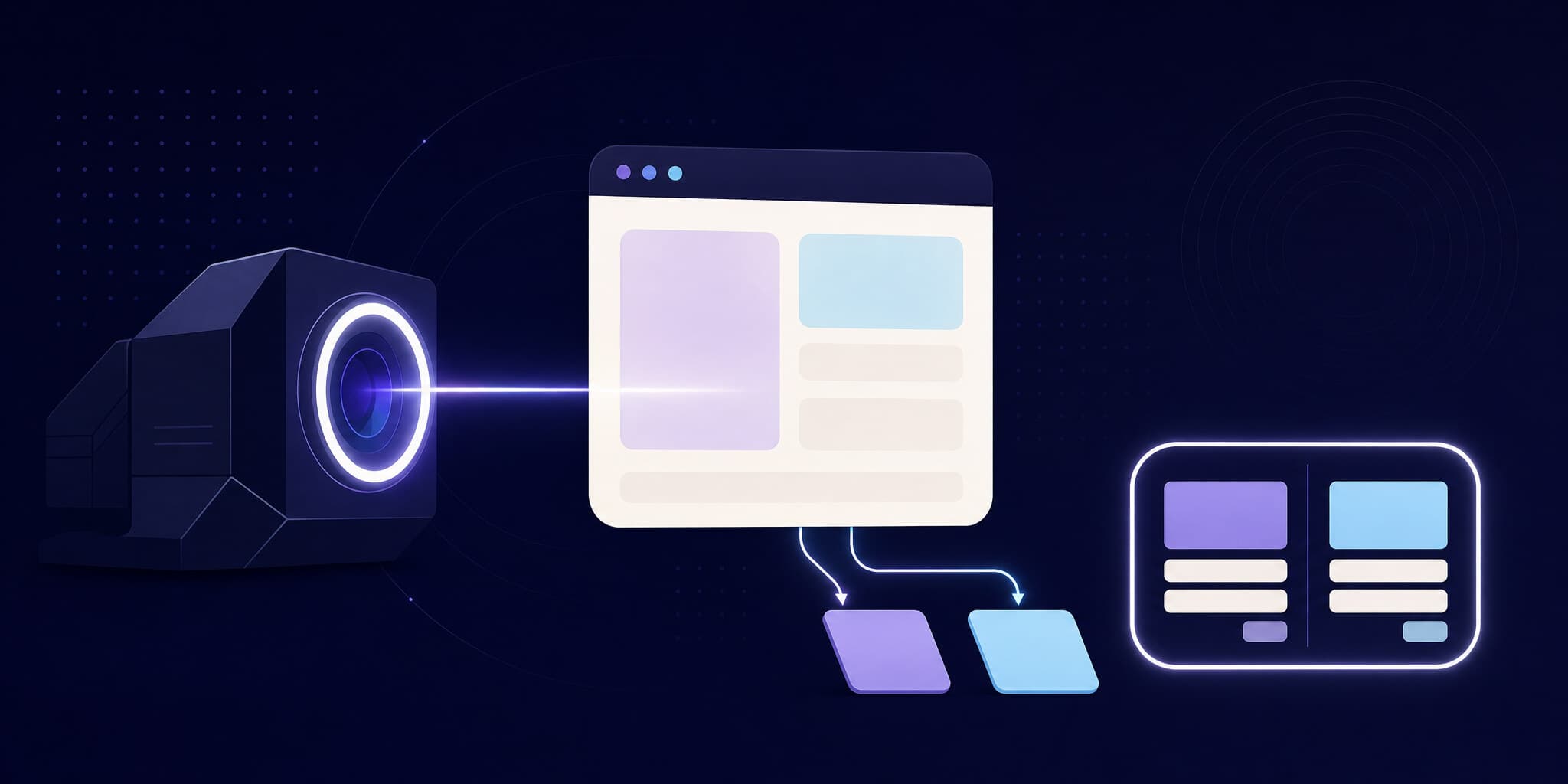 Abstract illustration of an agent's lens driving a browser whose screenshots drop into a comparison frame