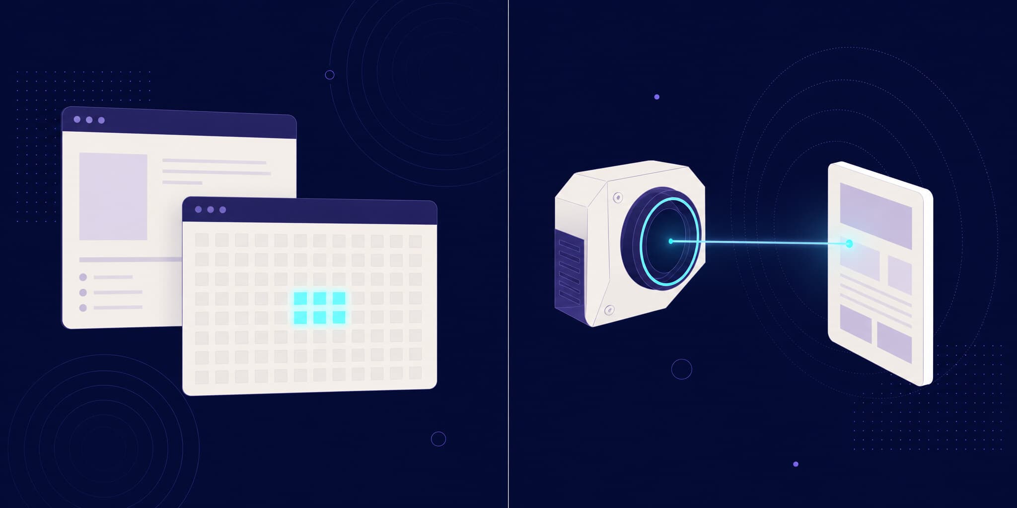 Abstract illustration split in two: a deterministic pixel grid diff on one side, an AI agent inspecting a screenshot on the other