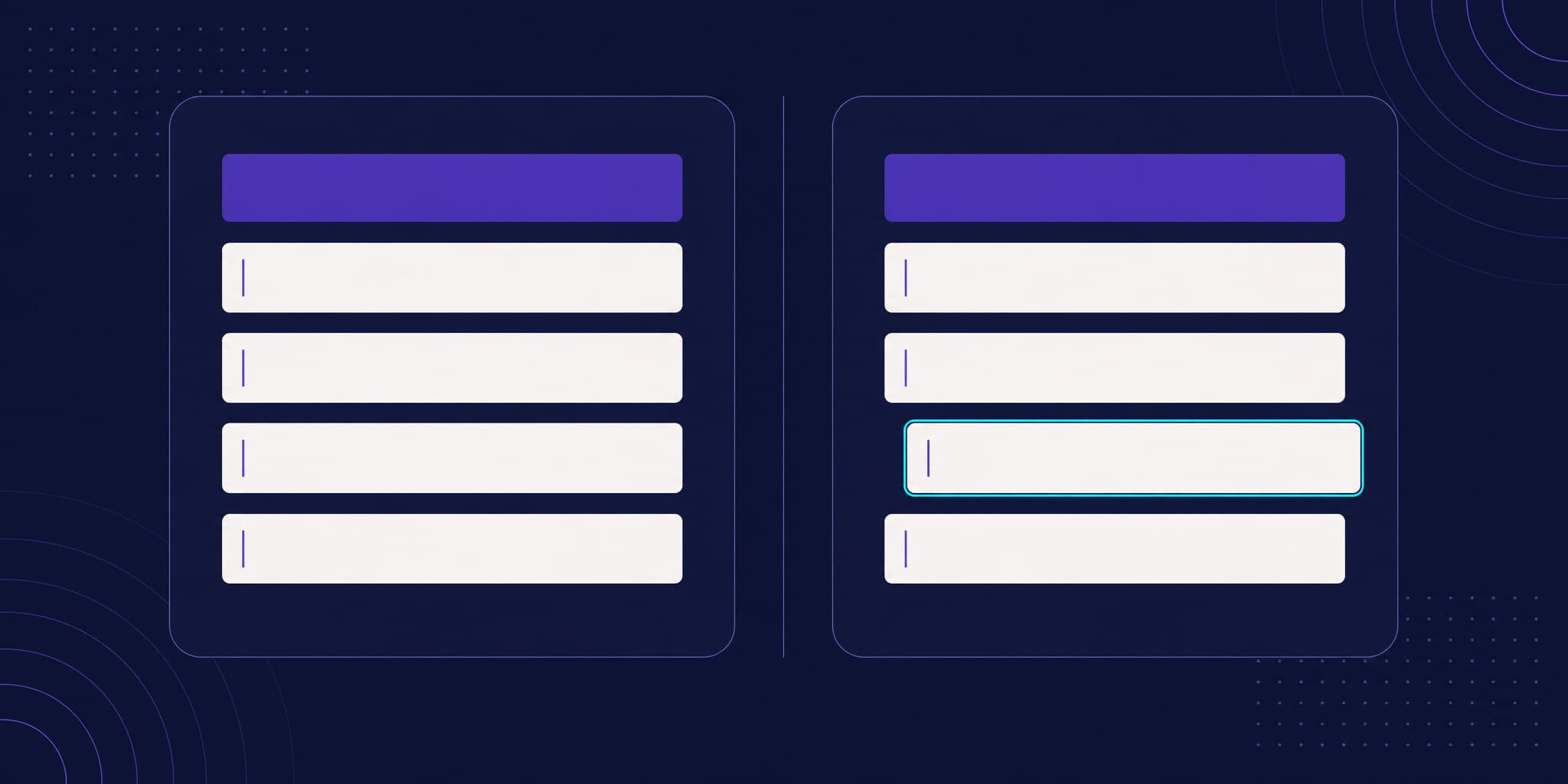 Abstract illustration of two identical layouts where one element has shifted out of place and is highlighted