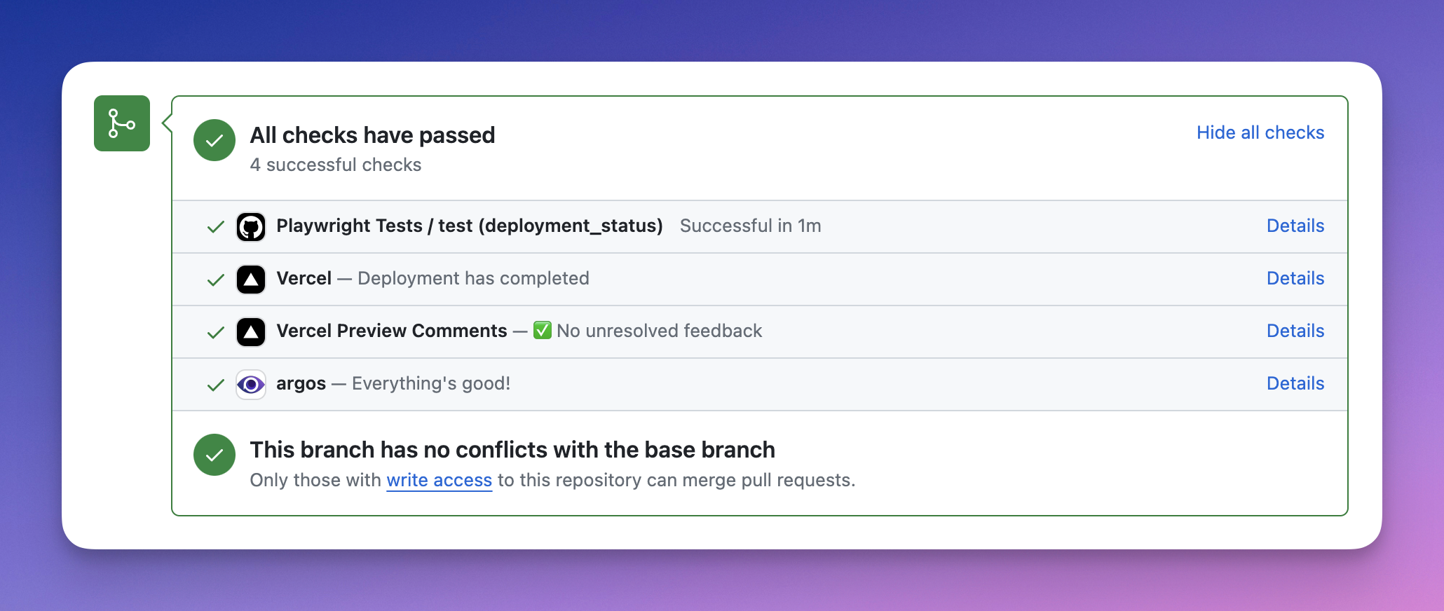 GitHub pull request check statuses