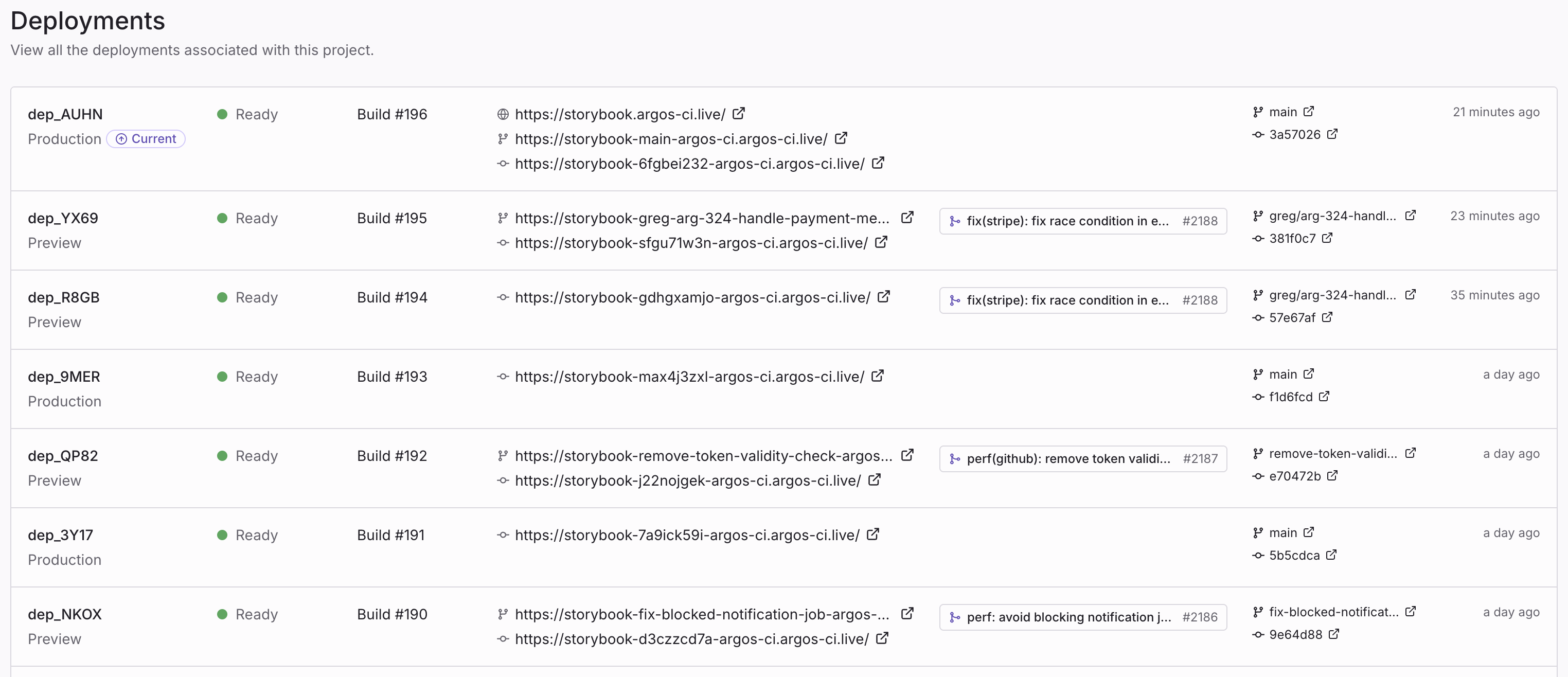 Deployments list in the Argos dashboard