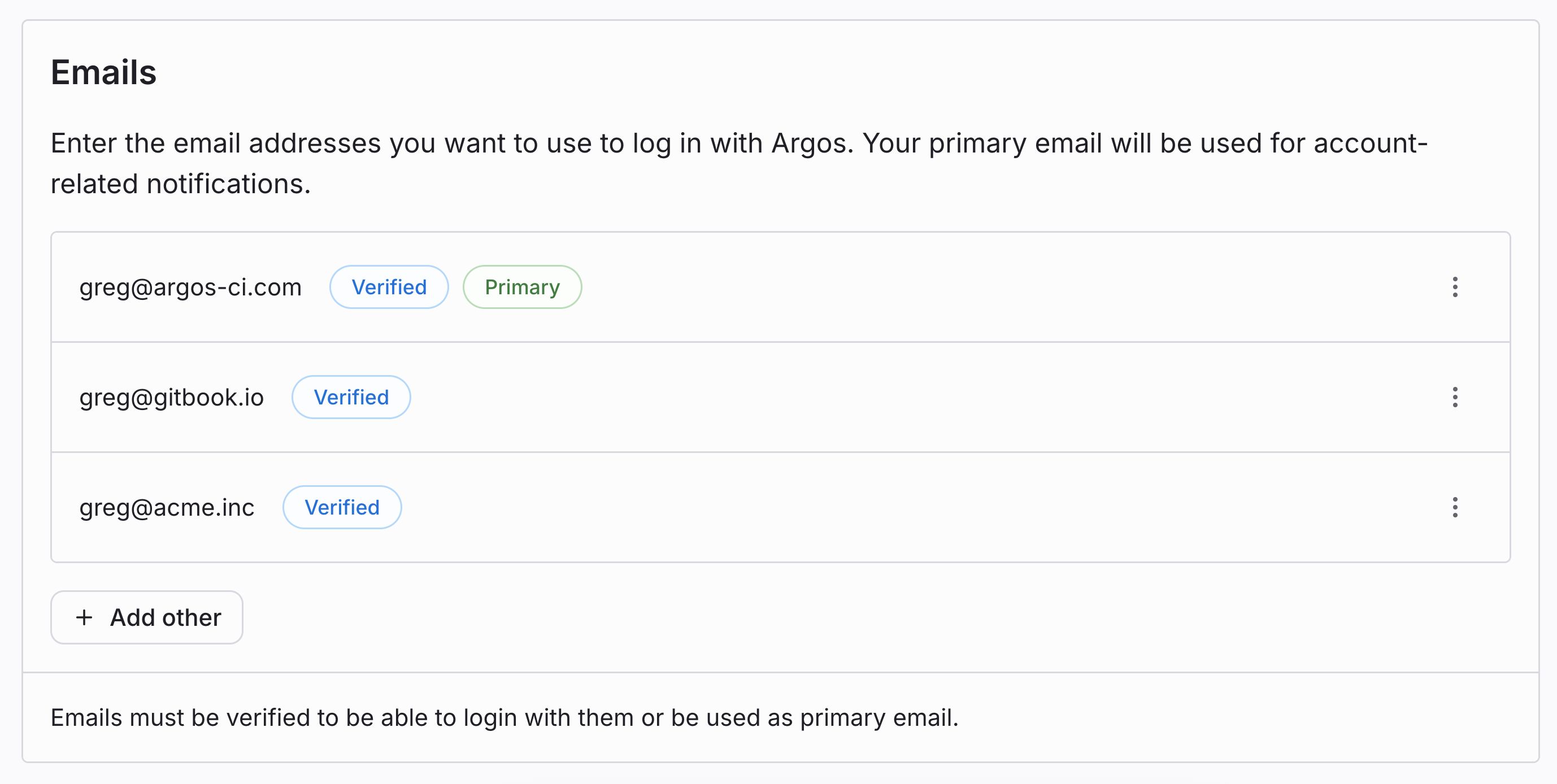 Your account email addresses.