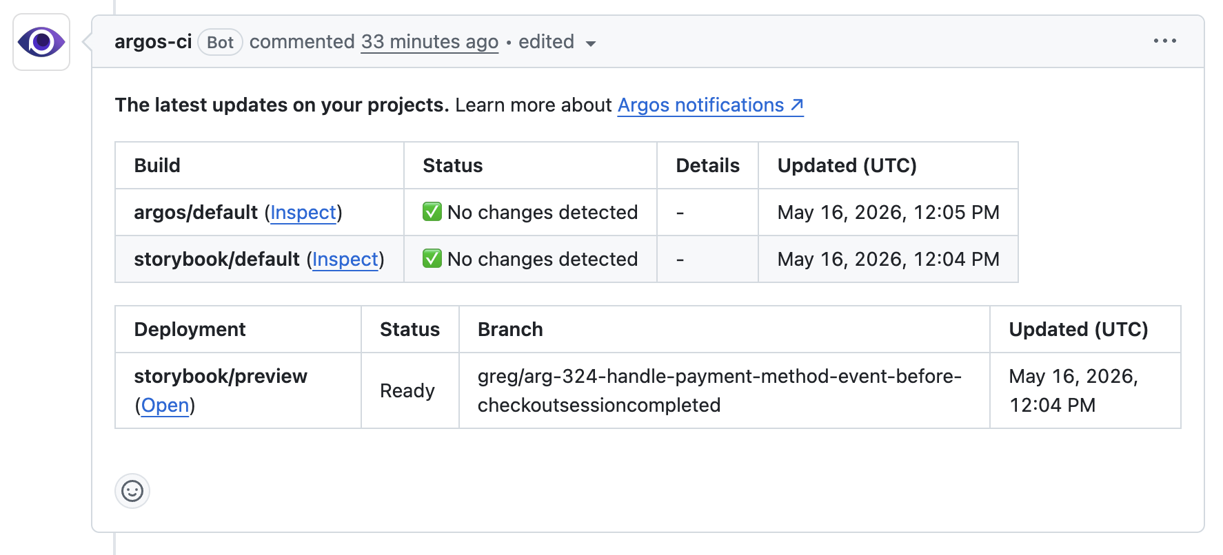 Pull request comment with deployment and visual build rows